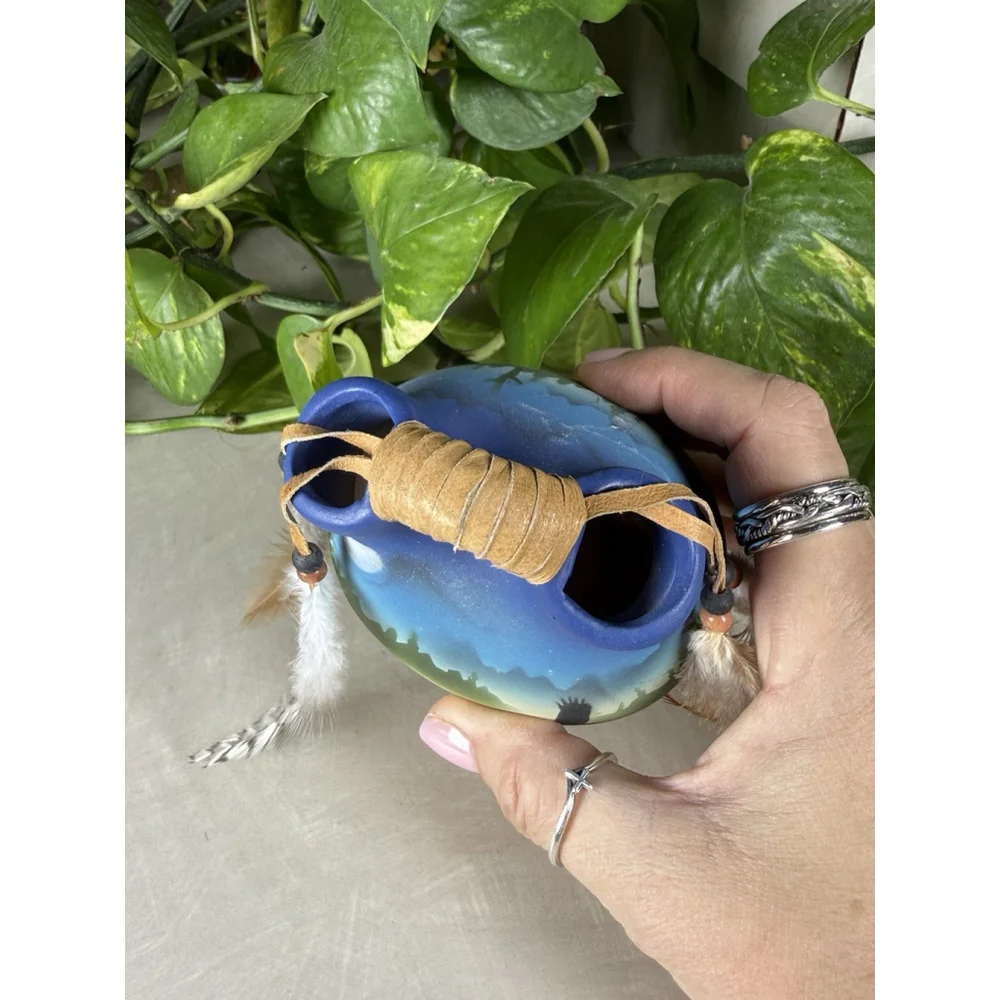 Hand Painted Vtg Native American Ceramic Wedding Vase Blue Bird Flying Feathers